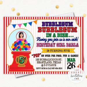 Bubblegum Birthday Invite, Turning 4 Birthday Invite, Bubble gum Machine Birthday Party Invitation, Birthday Invite, Candy Theme Party