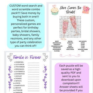 Custom Personalized Word Search and Word Scramble Combo Pack for Birthdays, Bridal Showers, Baby Showers, any type of Party, etc.