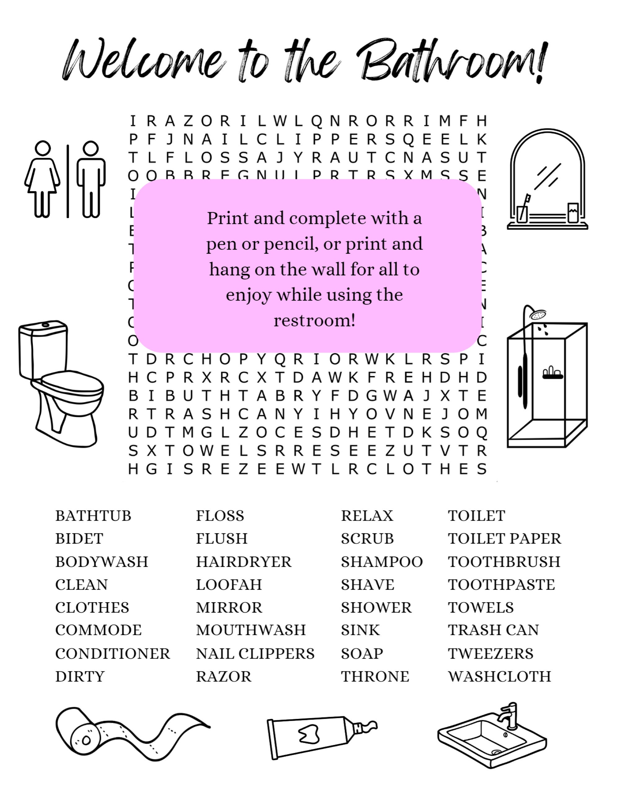 Bathroom Word Search, Restroom Word Search, Your Phone Word