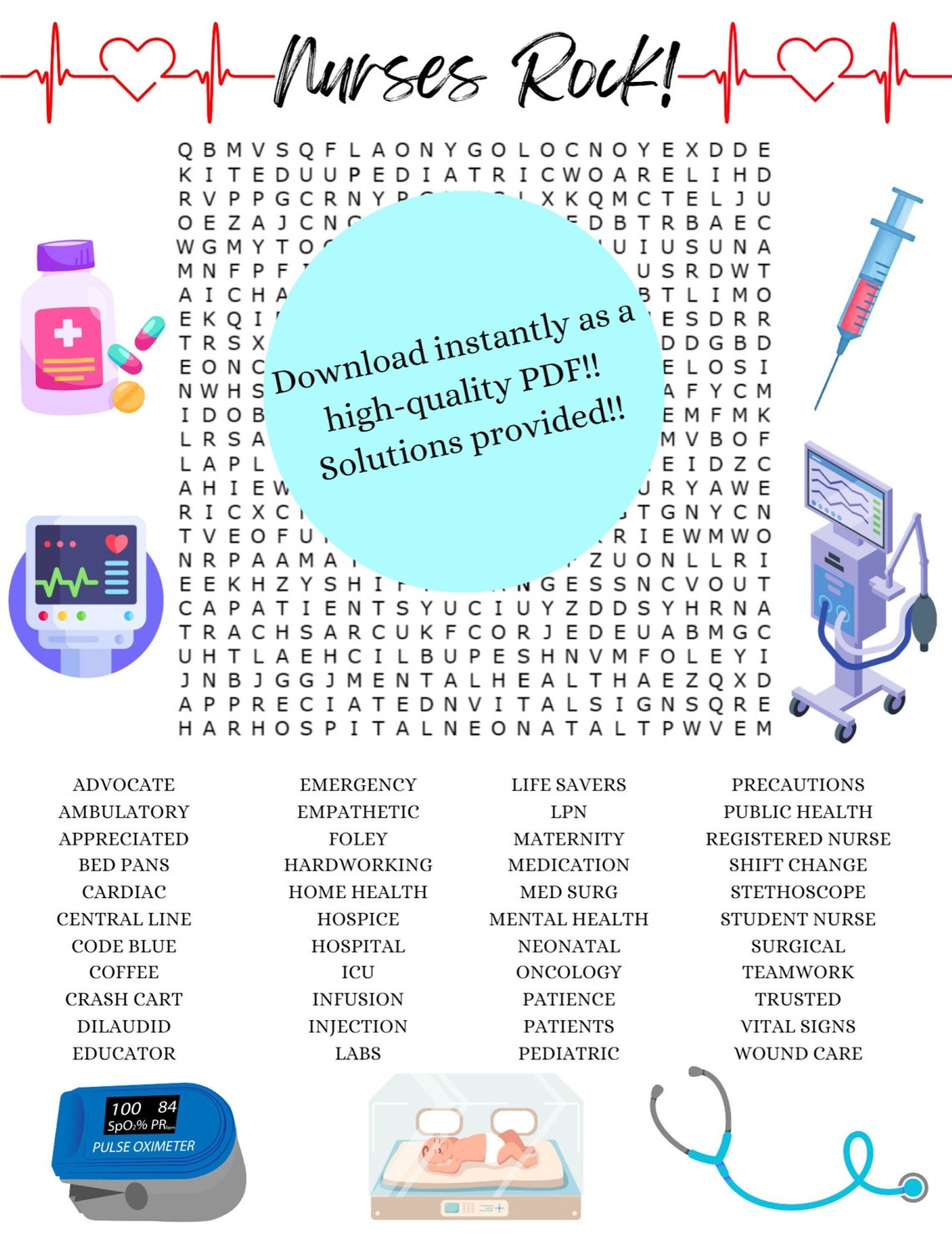 Nurses Rock Nurse Word Search Puzzle Game for Nurses, Rns, Lpns, Nurse ...