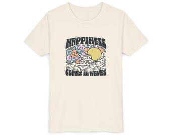 Camiseta juvenil con diseño inspirador "La felicidad viene en olas", perfecta para el verano, ropa informal, regalo para niños, ambiente playero, frases positivas.