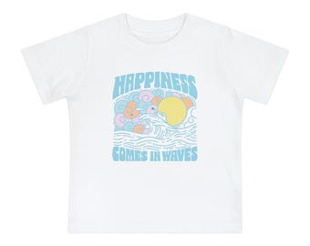 Camiseta de bebé Sunny Vibes, bonita camiseta infantil, la felicidad viene en olas, conjunto de verano, regalo para niños pequeños, ropa de playa, regalo para niños