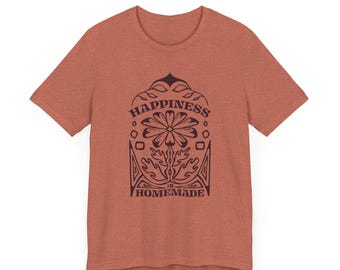 Camiseta con estampado de flores vintage, camiseta "La felicidad es casera", camiseta unisex color arcilla, diseño gráfico oscuro, camiseta monocromática