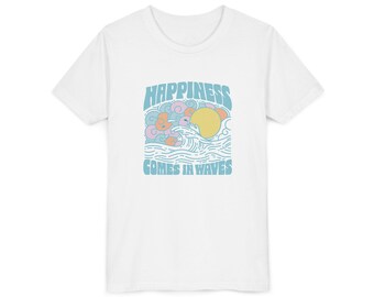 Camiseta de manga corta para jóvenes: diseño "La felicidad viene en olas", regalo perfecto para el verano, atuendo para un día de playa, guardarropa de verano para niños, regalo divertido para [...]