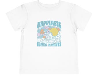 Camiseta de manga corta para bebé: "La felicidad viene en olas", divertida camiseta de verano, playera playera para niños, un bonito regalo para niños pequeños.