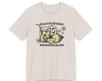 Camiseta de limonada casera, camiseta de la felicidad, beige polvoriento vintage, unisex, con ambiente de puesto de limonada, camiseta de algodón suave, manga corta, inspiradora y...