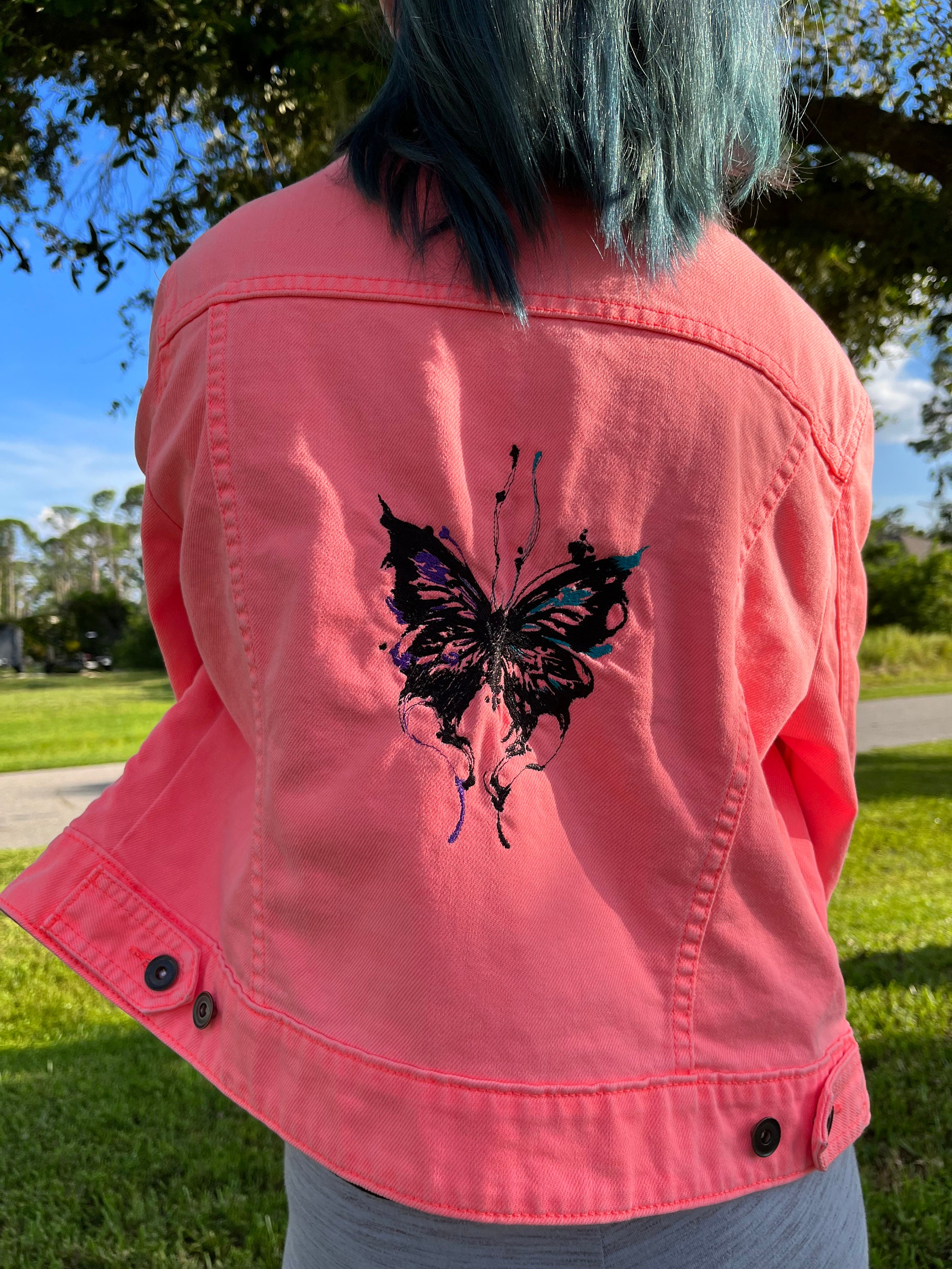 Butterflies Embroidered Hot Pink Jean Jacket - Upcycled