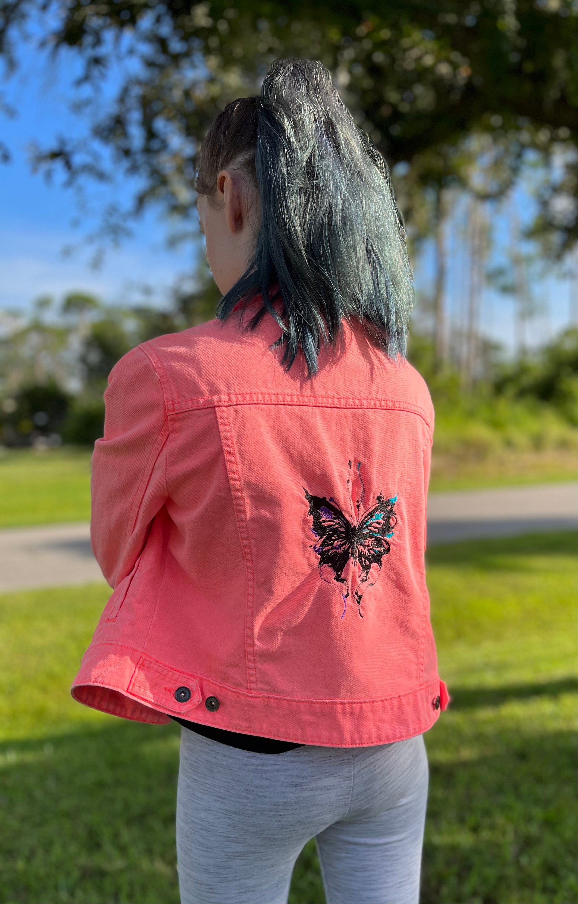 Butterflies Embroidered Hot Pink Jean Jacket - Upcycled