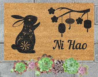 Welcome DOORMAT.  Year of the Rabbit coir outdoor mat.  Front door, entryway, home décor.  Housewarming gift, wedding gift, closing gift.