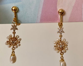 Diamante Pearl Gold-Toned Clip-On Earrings