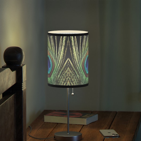 Peacock Feather Print Tropical Table Lamp, Office Lamp, Desk Lamp, Nightstand Lamp, Colorful Feather