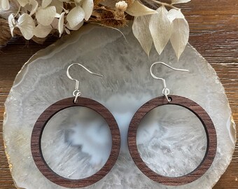 Solid Round Wooden Hoop Stud Earrings made from Natural and Walnut wood with Silver or Gold Stainless Steel Studs and hooks