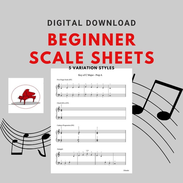 Beginner Piano Scale Sheets (6 Keys) | 5 VARIATIONS of Printable PDFs