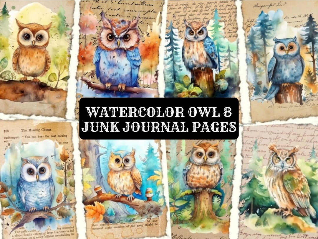 Printable Owl Junk Journal Pages, Watercolor Owl Journal Pages, Digital