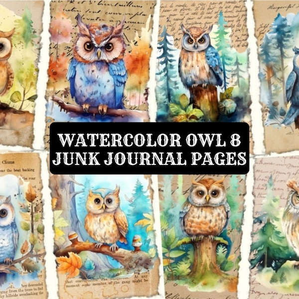 Printable Owl Junk Journal Pages, Watercolor Owl Journal Pages, digital collage sheet, vintage card, Instant Download, Ephemera Owl Journals