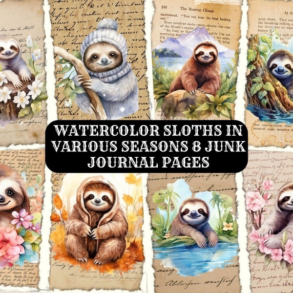 Printable Junk Journal Animal, Watercolor Sloth, Digital Download Junk Journal, Digital Collage Sheet, Card Making, Nature, Forest Animals