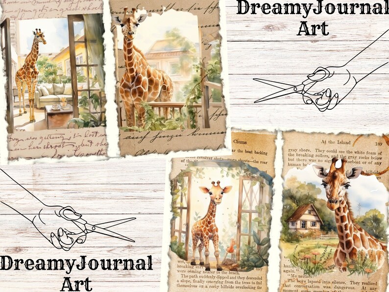 Watercolor Giraffes Junk Journal, Printable Junk Journal Pages, Giraffes Ephemera Pages, Digital Download Junk Journal Digital Collage Sheet image 3