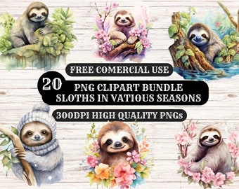 Watercolor Animals Clipart, Clipart Pack, 20, PNG High Quality Clipart, Digital Download Clipart, Card Making, Digital Paper Craft. Sloth