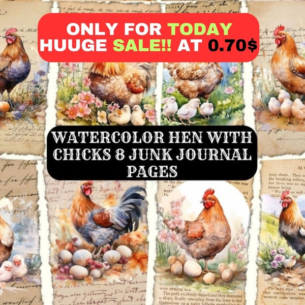 Printable Junk Journal Pages, Hen With Chicks, Hen, Chicks, Digital Download Junk Journal, Digital Collage Sheet, Whimsical Junk Journal