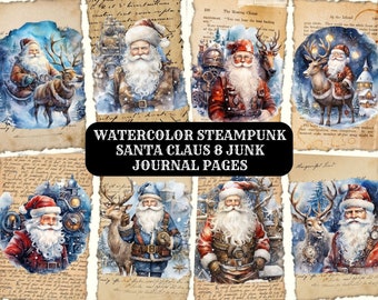 Printable Junk Journal Steampunk Christmas, Watercolor Steampunk Santa, Digital Download Junk Journal, Digital Collage Sheet, Card Making