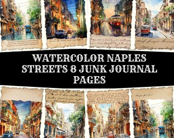 Pages aquarelles, journal imprimable indésirable Architecture italienne, rues de Naples, feuille de collage, page de journal en téléchargement numérique, carte vintage