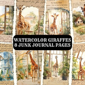 Watercolor Giraffes Junk Journal, Printable Junk Journal Pages, Giraffes Ephemera Pages, Digital Download Junk Journal Digital Collage Sheet image 1