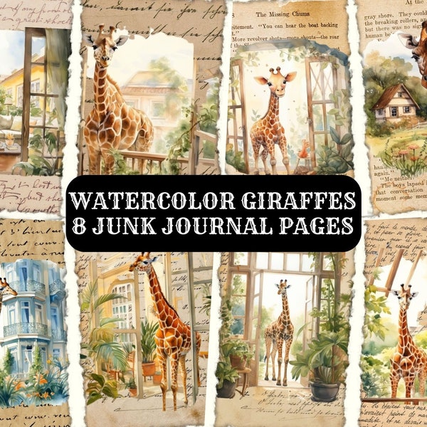 Watercolor Giraffes Junk Journal, Printable Junk Journal Pages, Giraffes Ephemera Pages, Digital Download Junk Journal Digital Collage Sheet