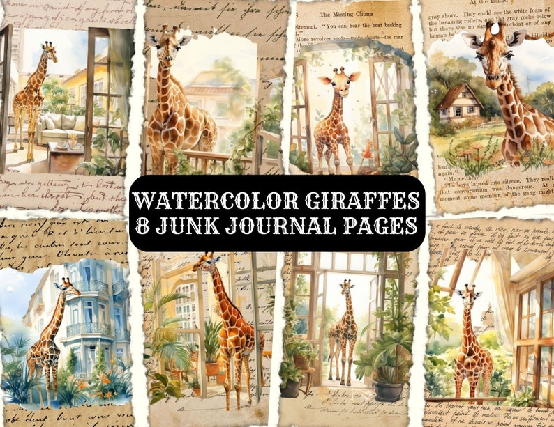 Watercolor Giraffes Junk Journal, Printable Junk Journal Pages, Giraffes Ephemera Pages, Digital Download Junk Journal Digital Collage Sheet image 1