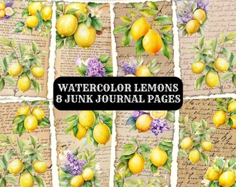 Watercolor Lemons, Printable Junk Journal Pages, Cute fruit, Digital Collage Sheet, Digital Download Journal Page, Vintage Card, Fruits Page