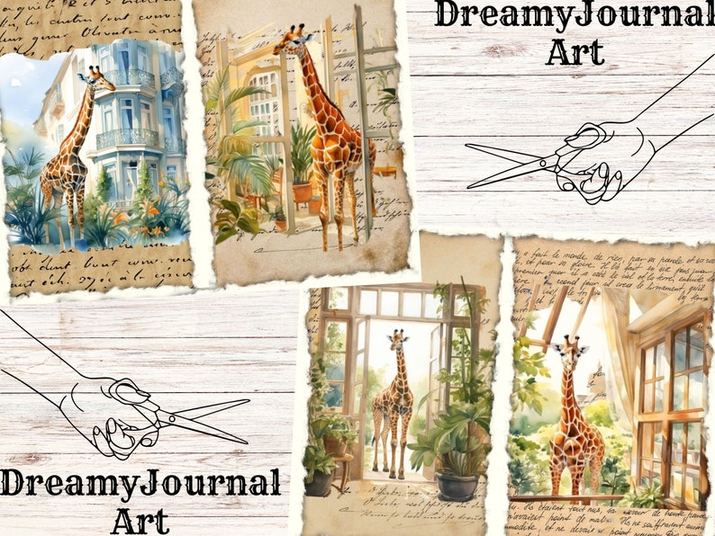 Watercolor Giraffes Junk Journal, Printable Junk Journal Pages, Giraffes Ephemera Pages, Digital Download Junk Journal Digital Collage Sheet image 2