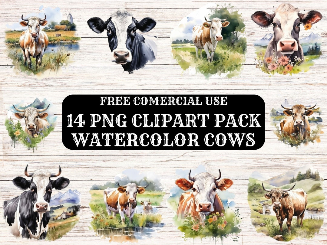 Watercolor Cows Clipart Pack 14 Pngs High Quality Clipart - Etsy