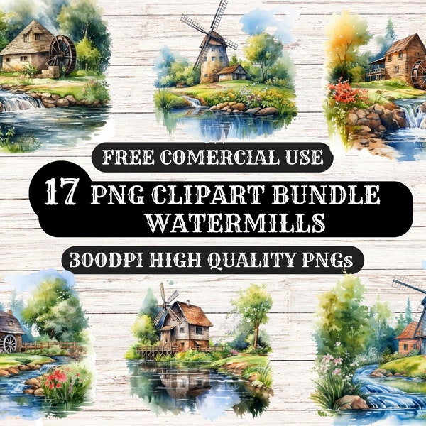 Clipart Bundle, 17 PNG High Quality Clipart, Watercolor Watermill, Digital Download Clipart, Card Making, Paper Craft, Mixed Media, Windmill