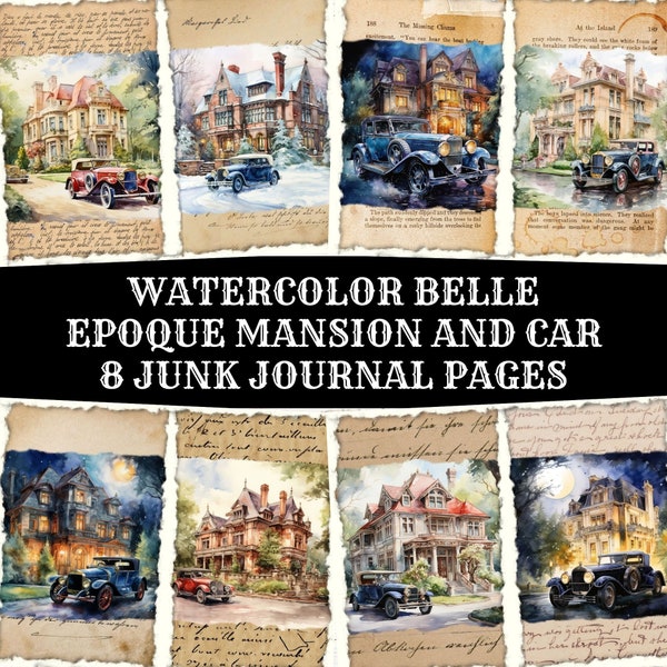 Watercolor Page, Printable Junk Journal Belle Epoque, Belle Epoque House And Car, Collage Sheet, Digital Download Journal Page, Vintage Card