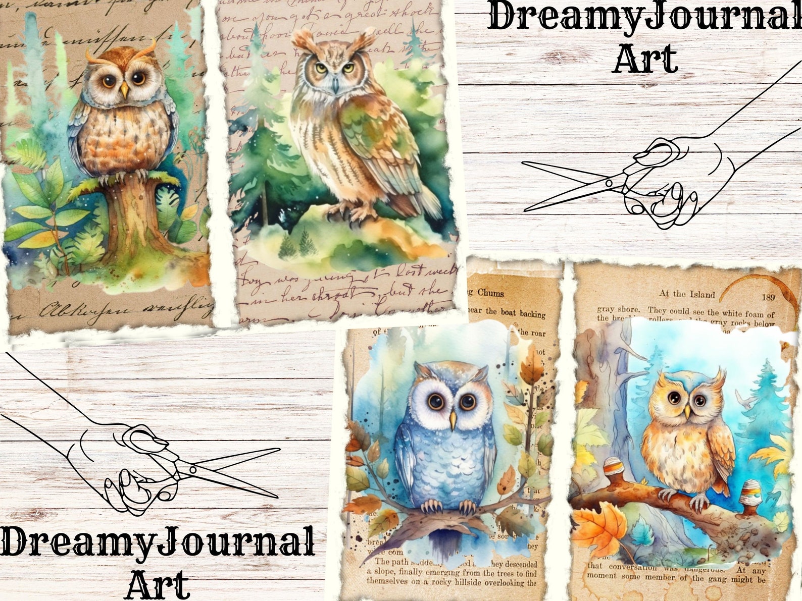 Printable Owl Junk Journal Pages, Watercolor Owl Journal Pages, Digital