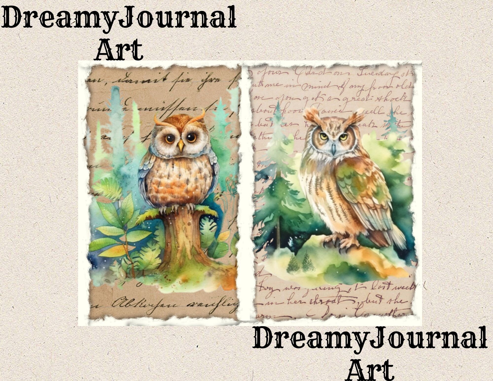 Printable Owl Junk Journal Pages, Watercolor Owl Journal Pages, Digital