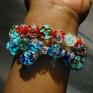 Glow in The Dark Green Glow Luminous Handblown Glass Crystal Lampwork Red, Green 12mm Beaded Bracelet