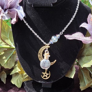 Black Salt and Sage Mini Protection Glass Jar Pendant, Filigree Crescent Moon, Pentacle Charm Stainless Steel Necklace