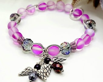 Frosted Purple Glass Angel Charm Beaded Bracelet