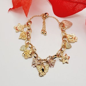 Gold Adjustable Multi-Charm Gold Heart, Flower, Butterfly Bangle Charm Bracelet with Slider Closure