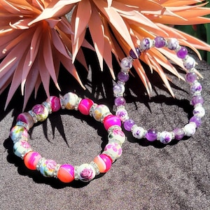 Natural Gemstone Amethyst Pink Agate Painted Purple Pink Flower Ceramic Bead Rhinestone Stretch Beaded Bracelet for Women