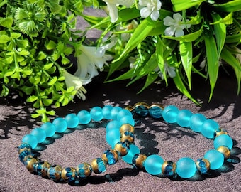 Matte Turquoise and Copper Glass 8mm & 10mm Bead Matte Dark Turquoise Crystal Glass Bead Stretch Bracelet for Women