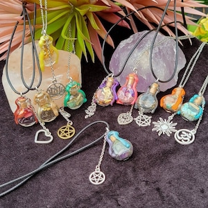 Mini Crystal Gemstone & Herb Spiritual Wish Jar Waxed Sealed Hanging Charm Pendant Necklace for Protection, Self-Love, Growth and More