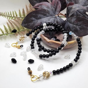 Beaded Eyeglass Chain Necklace, Black and Gold Plastic, Acrylic Bead Eyeglass Chain with Elastic Eyeglass Loop Ends