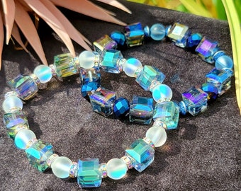 Pulsera de cuentas de cristal cuadradas Aurora Boreal, joyería de amistad con cuentas de vidrio