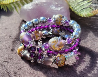 Purple Swirl Rondelle Oval Glass Lampwork Crystal Faceted Purple Mixed Bead Multi Row Memory Wire Bead Bracelet