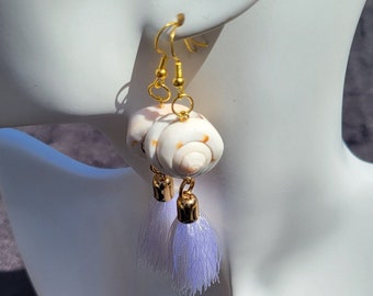 Tassel Spiral Conch Shell Snowflake Obsidian Beaded Gold Hook Tassel Earrings for Women Girls