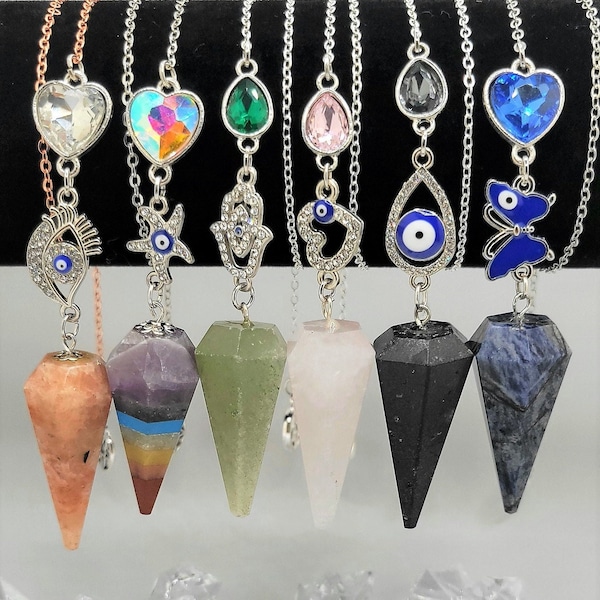 Natural Gemstone Chakra Reiki Divination Pendulums, Pink Quartz, Lapis Lazuli Rhinestone Evil Eye Moon Heart Charms, Spiritual Star Pentacle