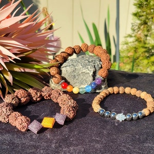 Natural 5 Face Mukhi Rudraksha Stretch Bead Bracelet with Natural Gemstone Chakra Beads 8mm 10mm 12mm 14mm Protective Rudraksha Beads