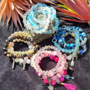 Bohemian Style Glass Bead Gemstone Multicolor Stackable Bangle Bracelet Set with Silver and Tassel Charms