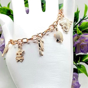 Rose Gold Mixed Charm Chain Link 18cm Charm Bracelet Toggle Clasp Closure Bracelet for Women, Girls